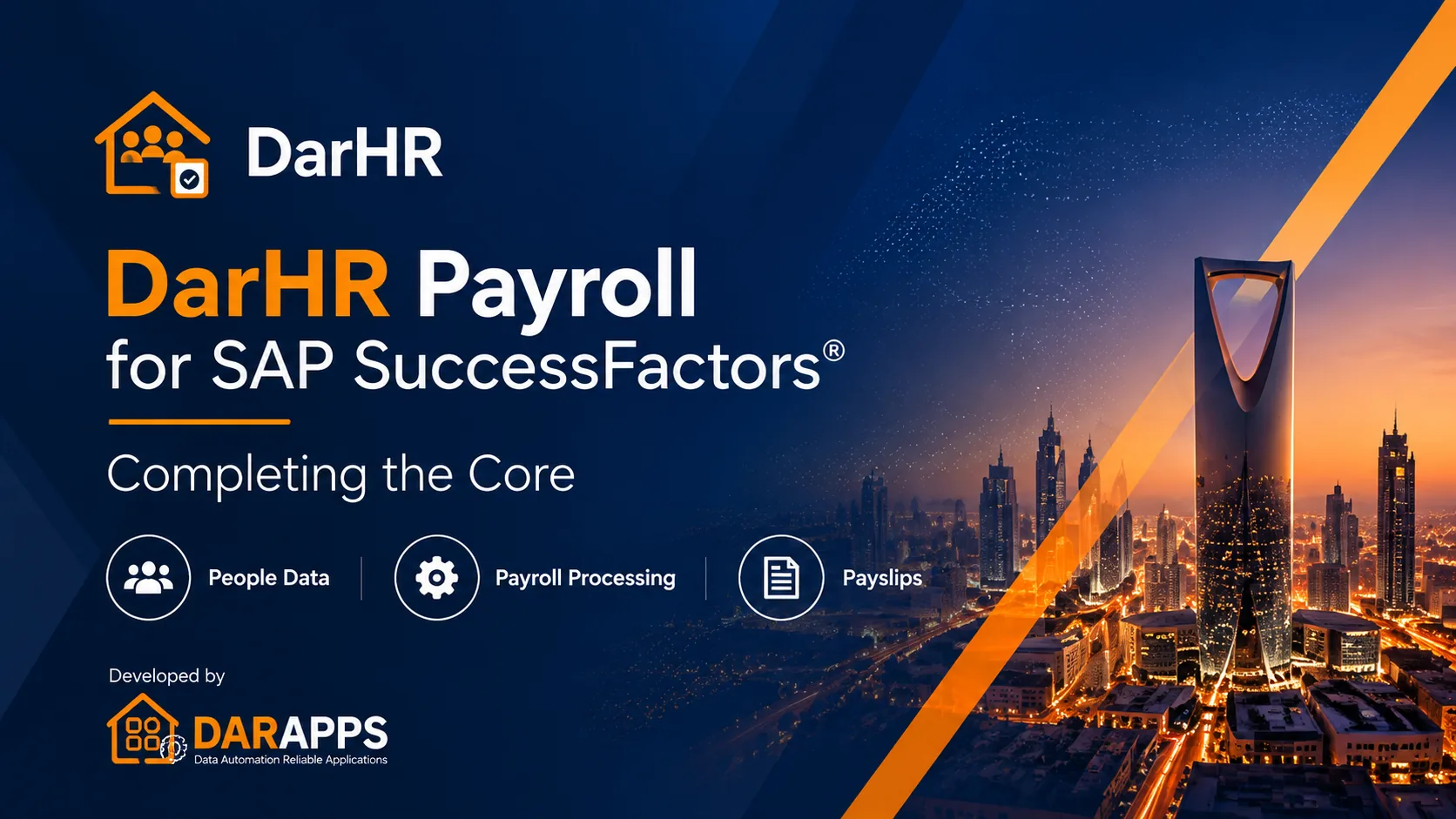 DarHR on a laptop over the Riyadh skyline, showing people data, payroll processing and payslips.