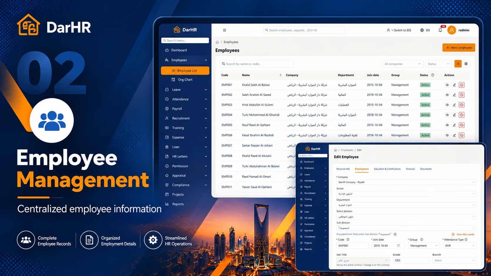 DarHR employee list with code, company, department, join date and status, and an Edit Employee record open in front.