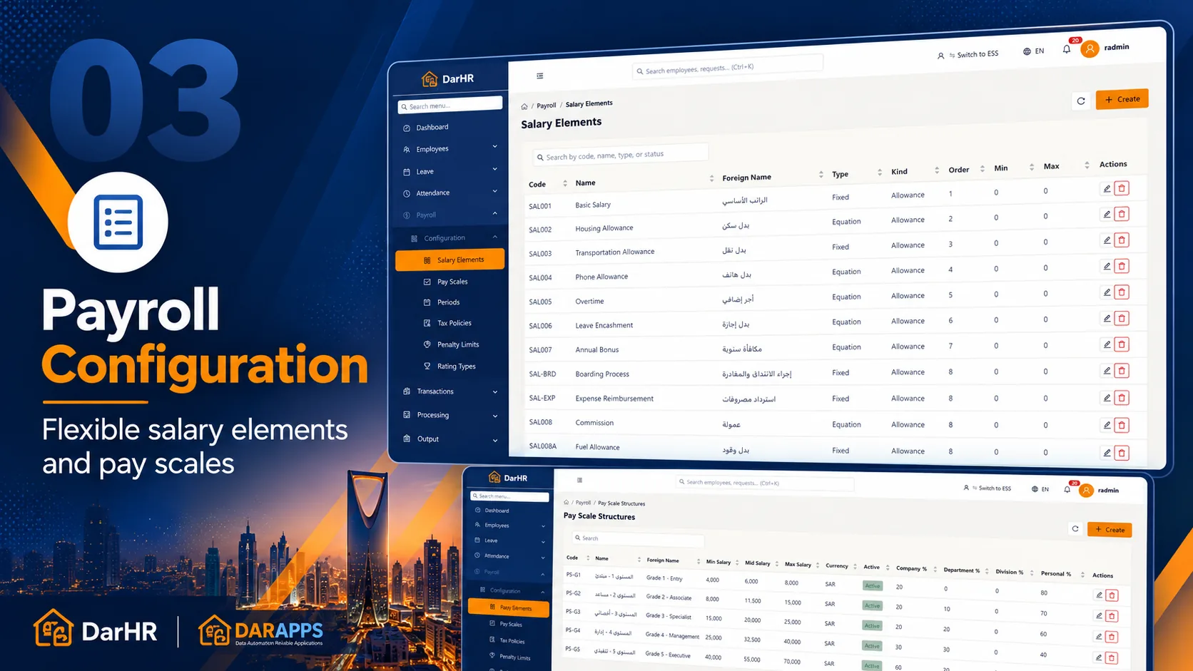DarHR Salary Elements table with English and Arabic names, plus a Pay Scale Structures table with minimum, midpoint and maximum salary in SAR.