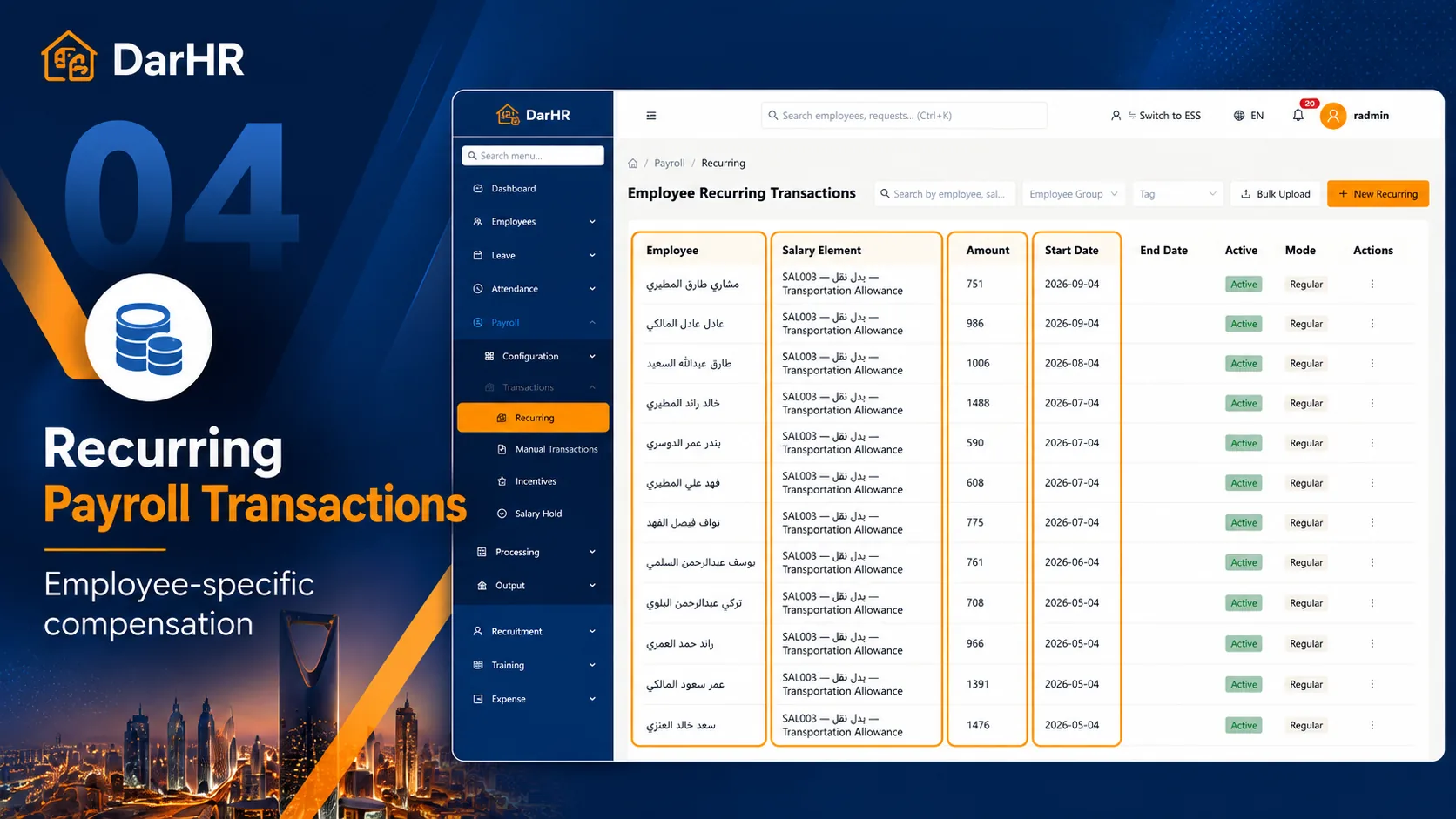 DarHR Employee Recurring Transactions list showing transportation allowance amounts, start dates, status and mode per employee.