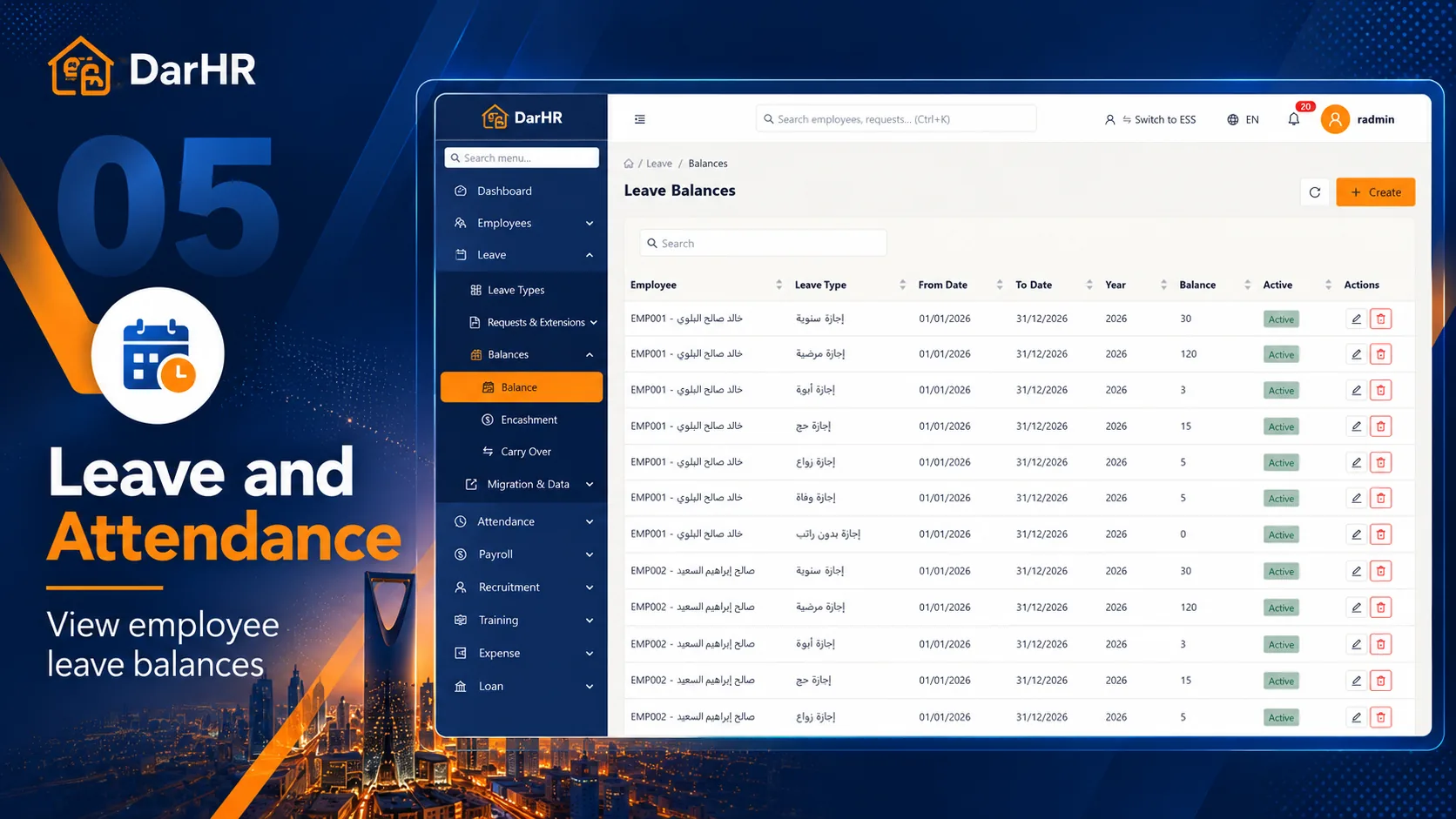 DarHR Leave Balances list by employee and leave type for 2026.