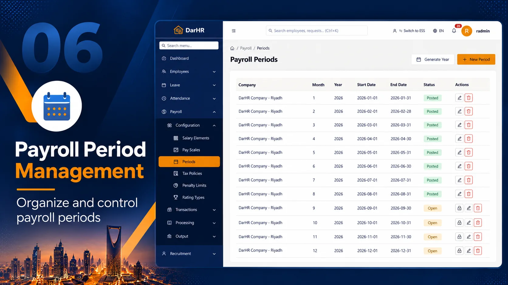 DarHR Payroll Periods by company, month and date range. Earlier months are Posted and later months are Open.
