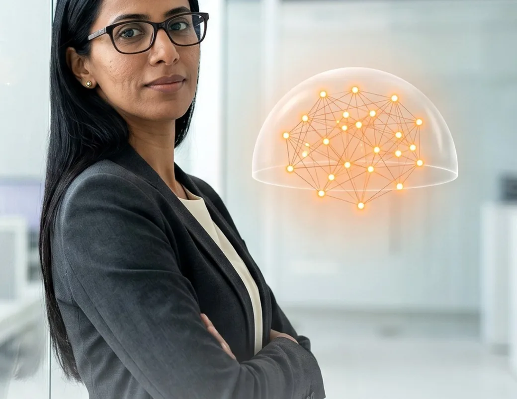 HR professional beside a glowing AI brain graphic