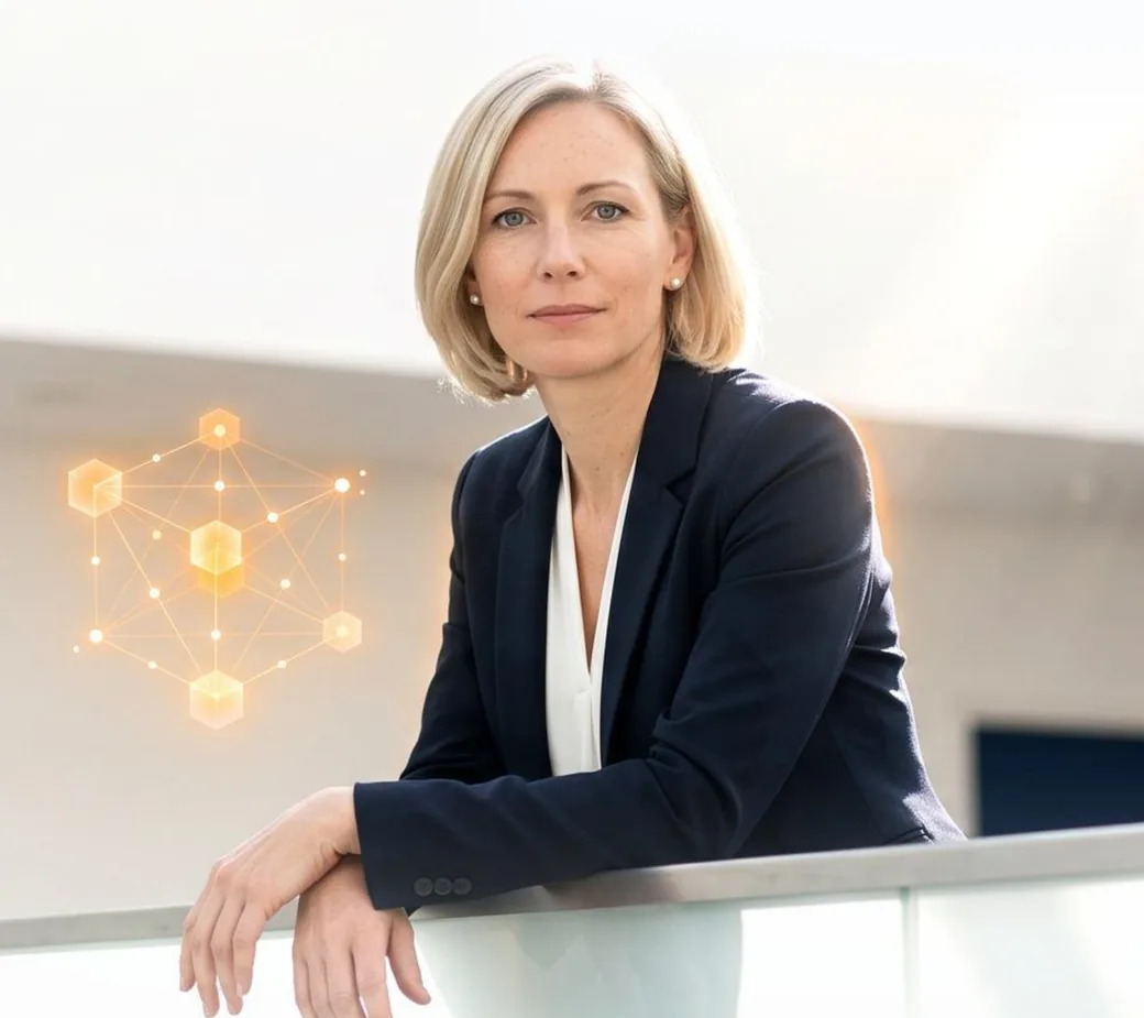 HR professional beside a glowing network cube that stands for connected systems